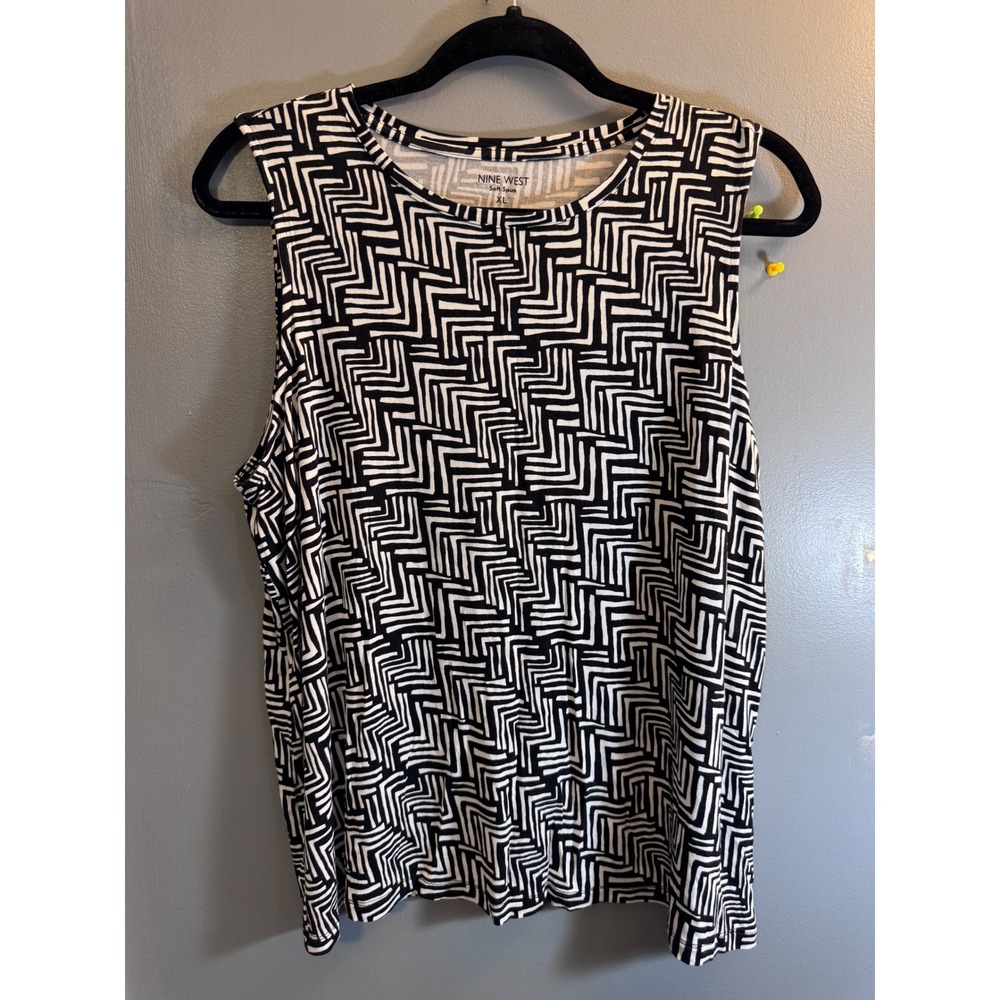 Nine West Soft Spun Sleeveless Top Black White Geometric Maze Print Shell XL